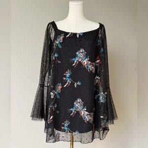 Elana Kattan Whimsical Embroidered Tulle Bell Sleeves Edge Of Shoulder Blouse -L